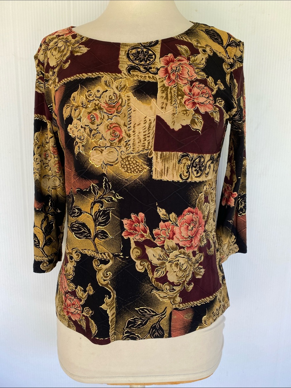 Brittany Black Burgundy, Gold & Brown & Tan Floral Patchwork 3/4 Sleeve Top